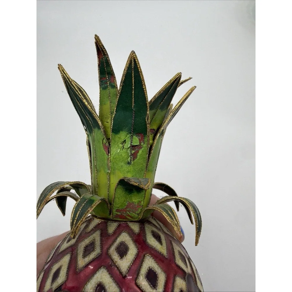 VTG Cloisonné Metal Enamel Pineapple Candle Holder Tropical Decor Purple Iris